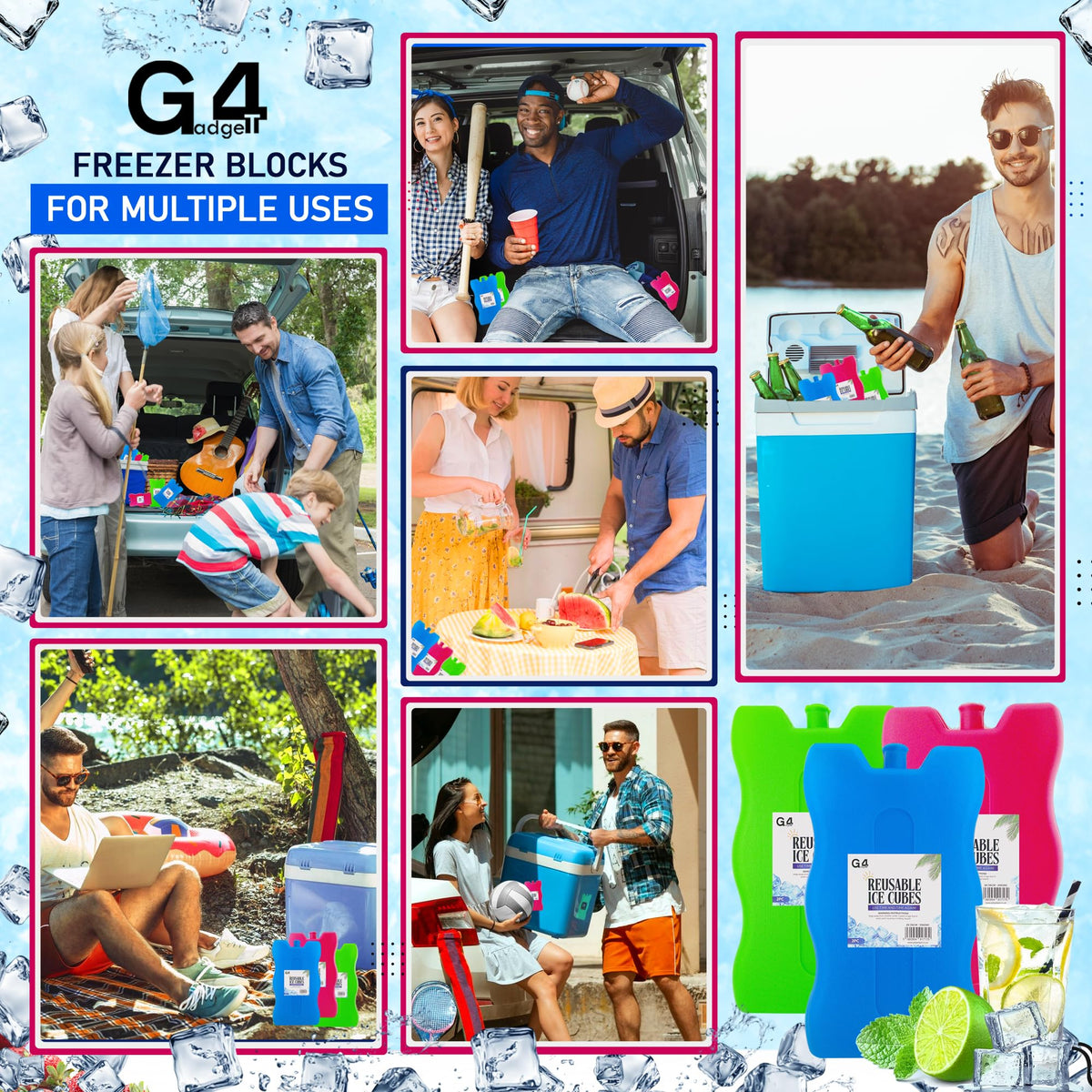 G4GADGET 16cm Freezer Blocks – Pack of 4 – Long-Lasting Reusable Ice Packs for Coolers, Picnic Bags, Travel & Outdoor Adventures – Ideal for Beach & Hiking Trips