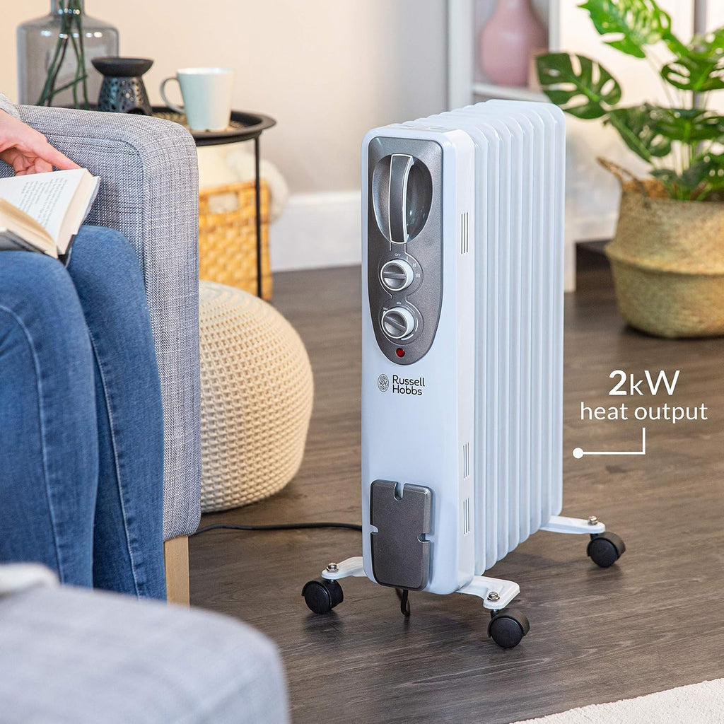 Russell Hobbs 2000W/2KW Oil Filled Radiator, 9 Fin Portable Electric Heater - White, Adjustable Thermostat with 3 Heat Settings, Safety Cut-off, 20 m sq Room Size, RHOFR5002, 2 Year Guarantee
