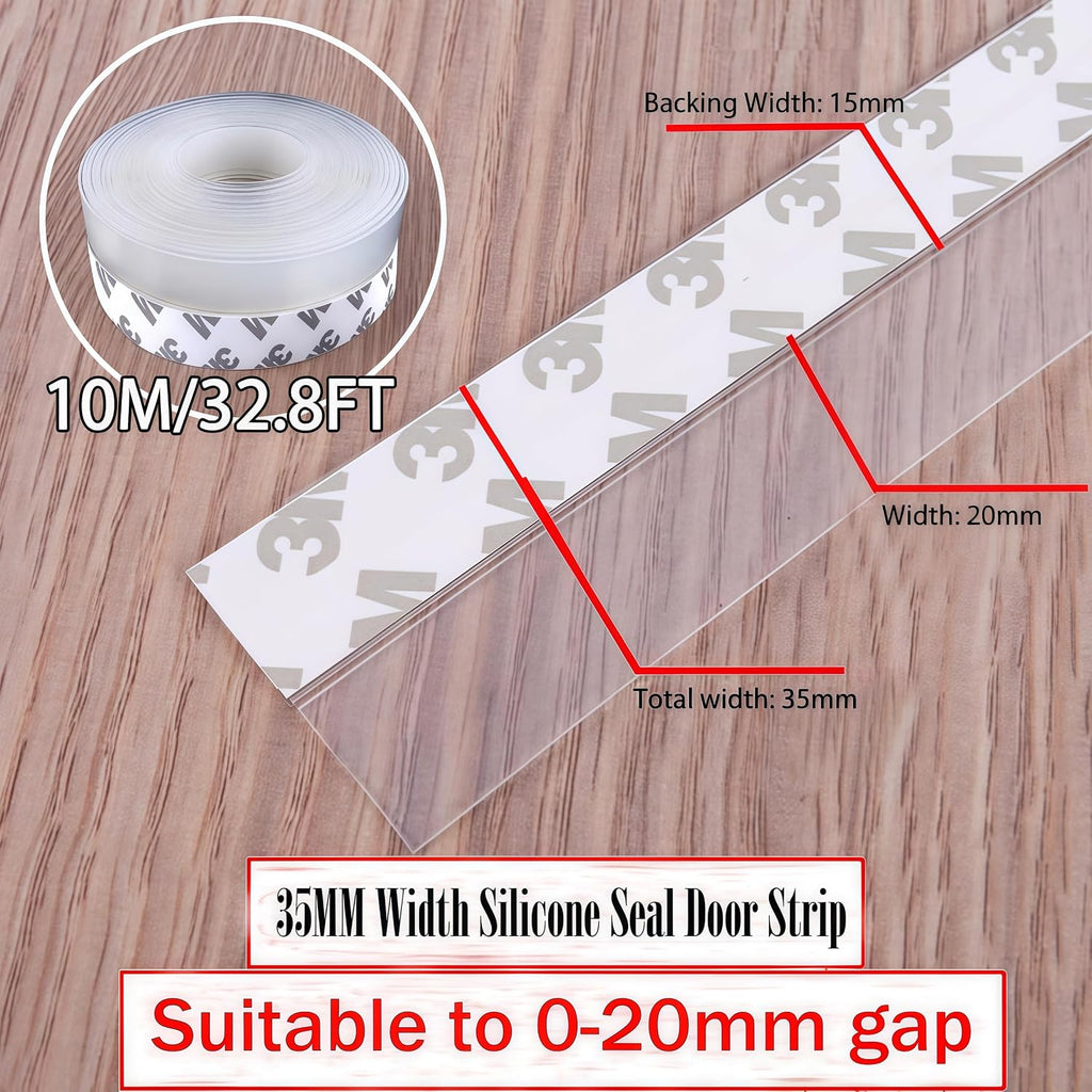 Silicone Seal Door Strip Bottom - 8M/26ft (W: 35MM) Silicone Sealing Sticker Self Adhesive Weather Stripping for Gaps of House, Glass Shower, Window and Door, Weatherproof Soundproof Insect Proof