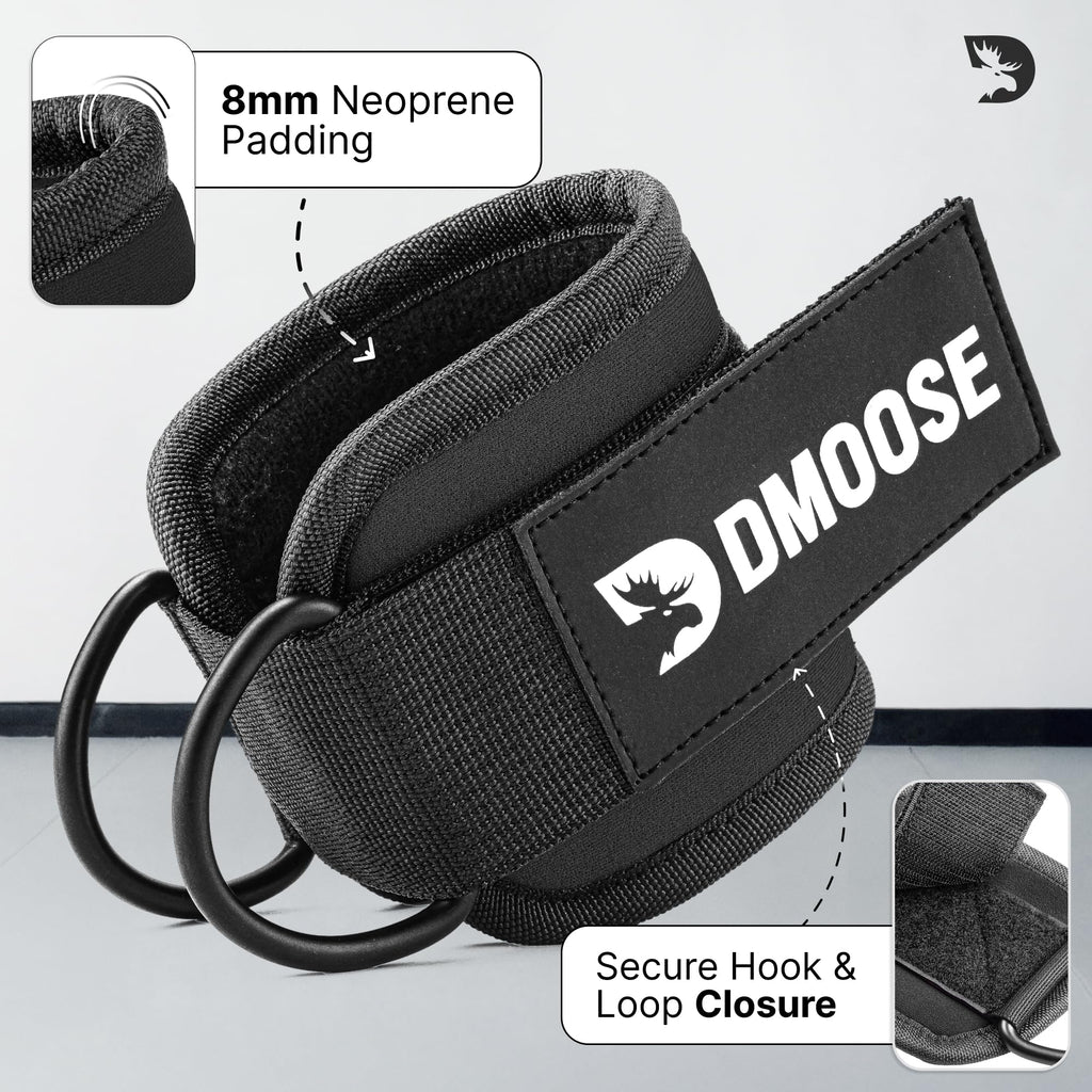 DMoose Fitness Ankle Strap for Cable Machine - One Size Fit with Premium Padding Cuffs - Cable Kickback Ankle Straps - Gym Attachments & Lower Body Exercises