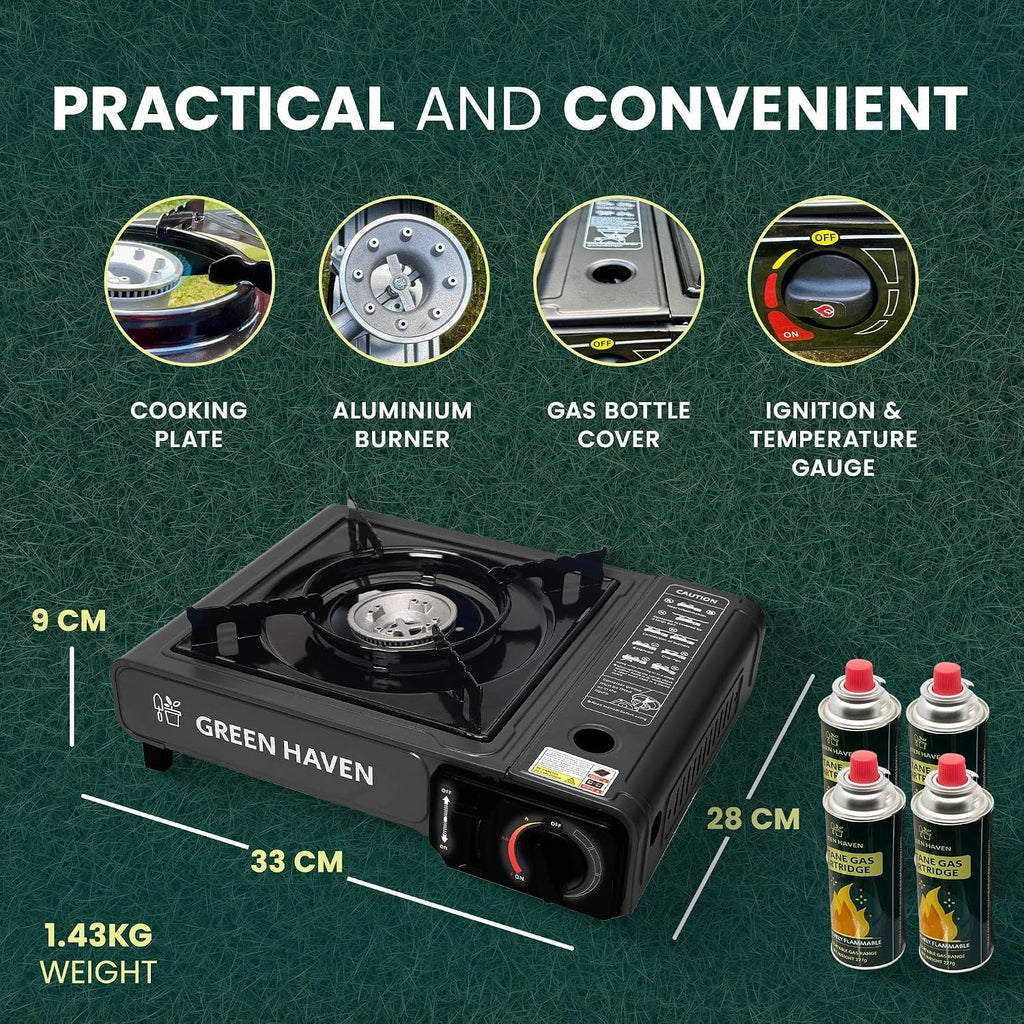 GREEN HAVEN Camping Stove Bundle – Portable Gas Stove, Camping Kettle & 4 Butane Gas Canisters | 2100W Gas Cooker with Carry Case | EN417 | Camping Gas Stove with Auto-Ignition, Adjustable Flame