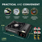 GREEN HAVEN Camping Stove Bundle – Portable Gas Stove, Camping Kettle & 4 Butane Gas Canisters | 2100W Gas Cooker with Carry Case | EN417 | Camping Gas Stove with Auto-Ignition, Adjustable Flame