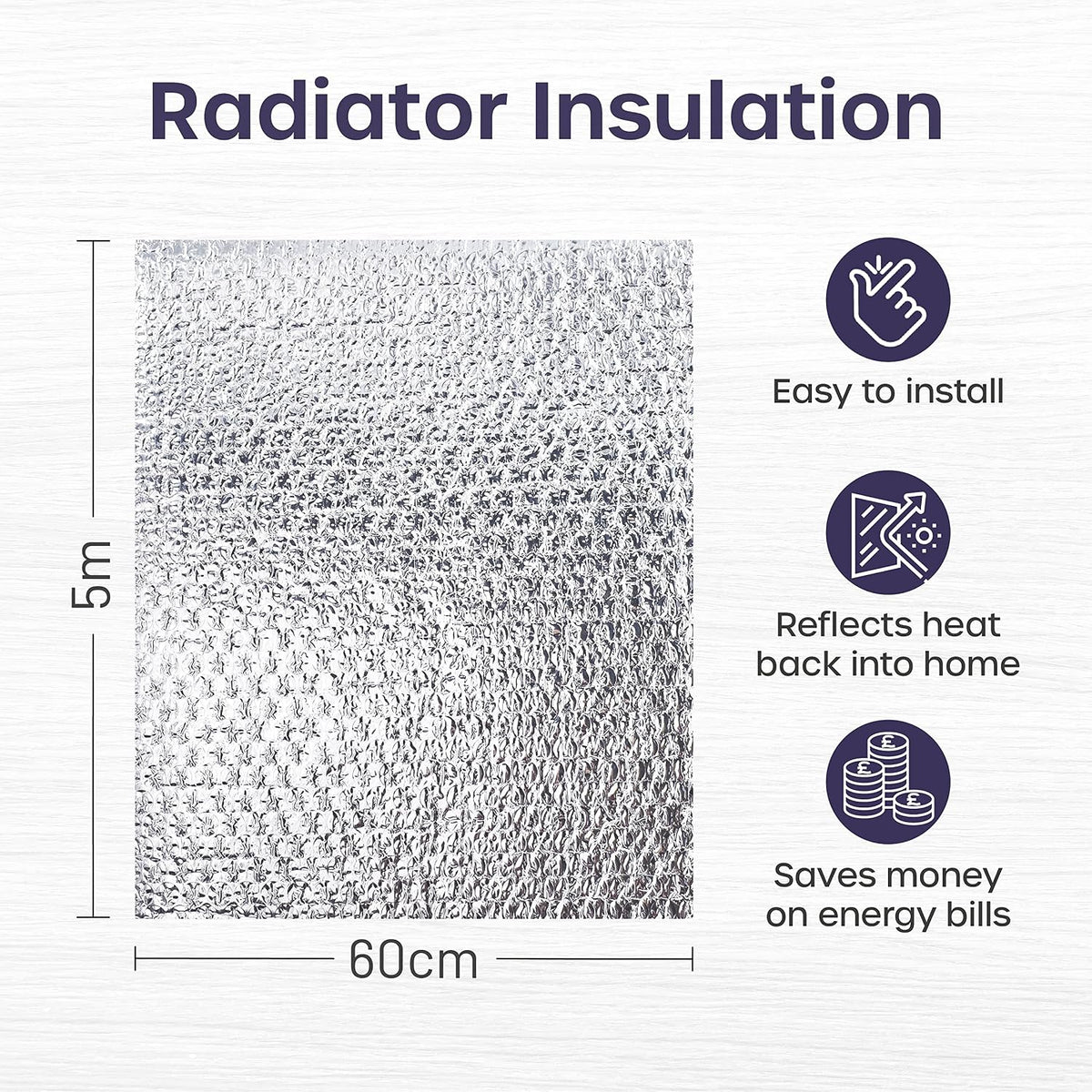Radiator Foil 5m x 60cm - 1 Pack Folded Radiator Reflector Panels for Enhance Heat Efficiency - Energy Saving Insulation Foil and Radiator Heat Deflector for Home Heating with Adhesive Pads