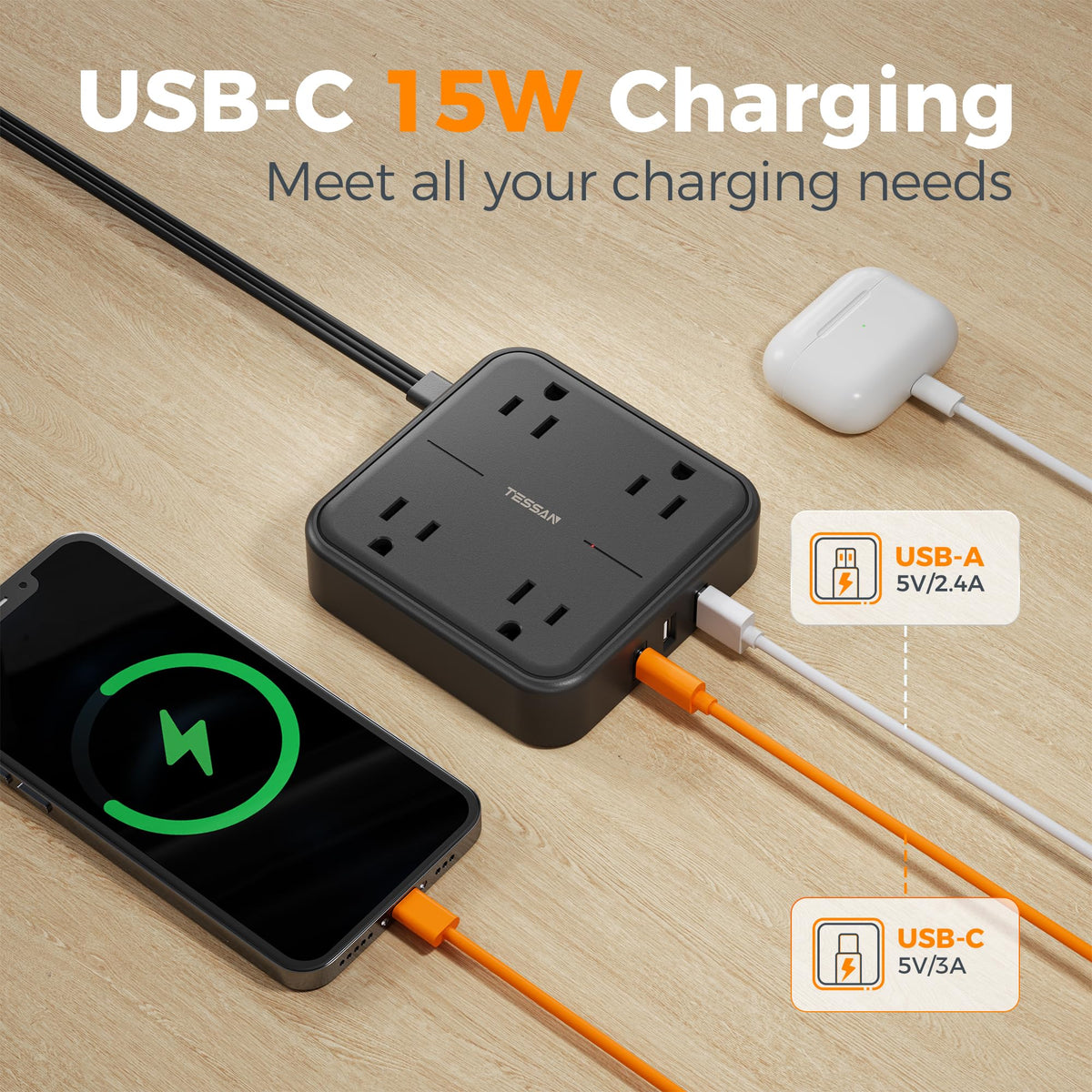 TESSAN PD 20W Surge Protector Extension Cord 5Ft, Flat Plug Power Strip