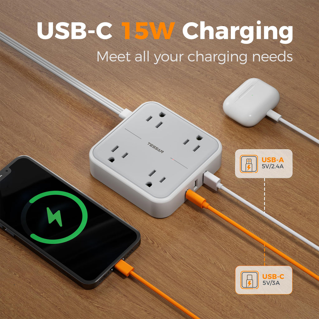 TESSAN PD 20W Surge Protector Extension Cord 5Ft, Flat Plug Power Strip