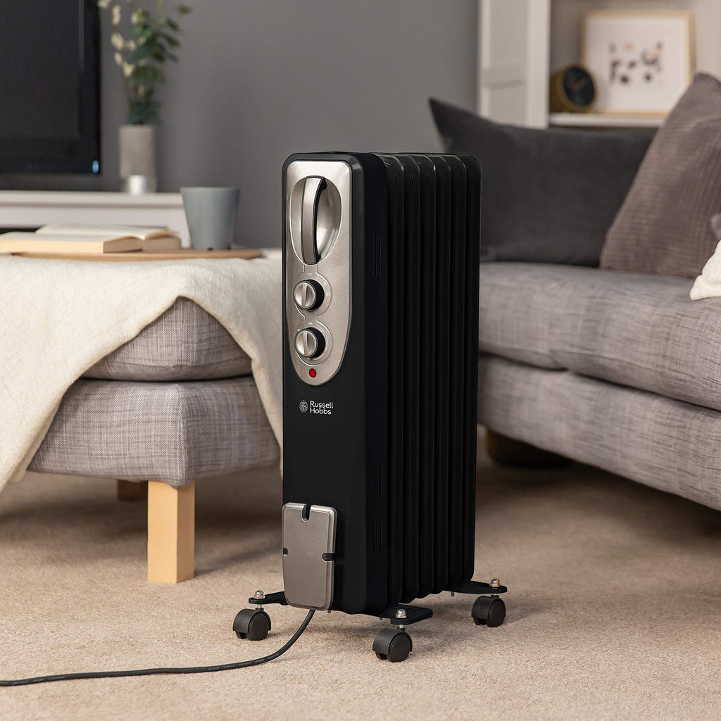 Russell Hobbs 2000W/2KW Oil Filled Radiator, 9 Fin Portable Electric Heater - White, Adjustable Thermostat with 3 Heat Settings, Safety Cut-off, 20 m sq Room Size, RHOFR5002, 2 Year Guarantee