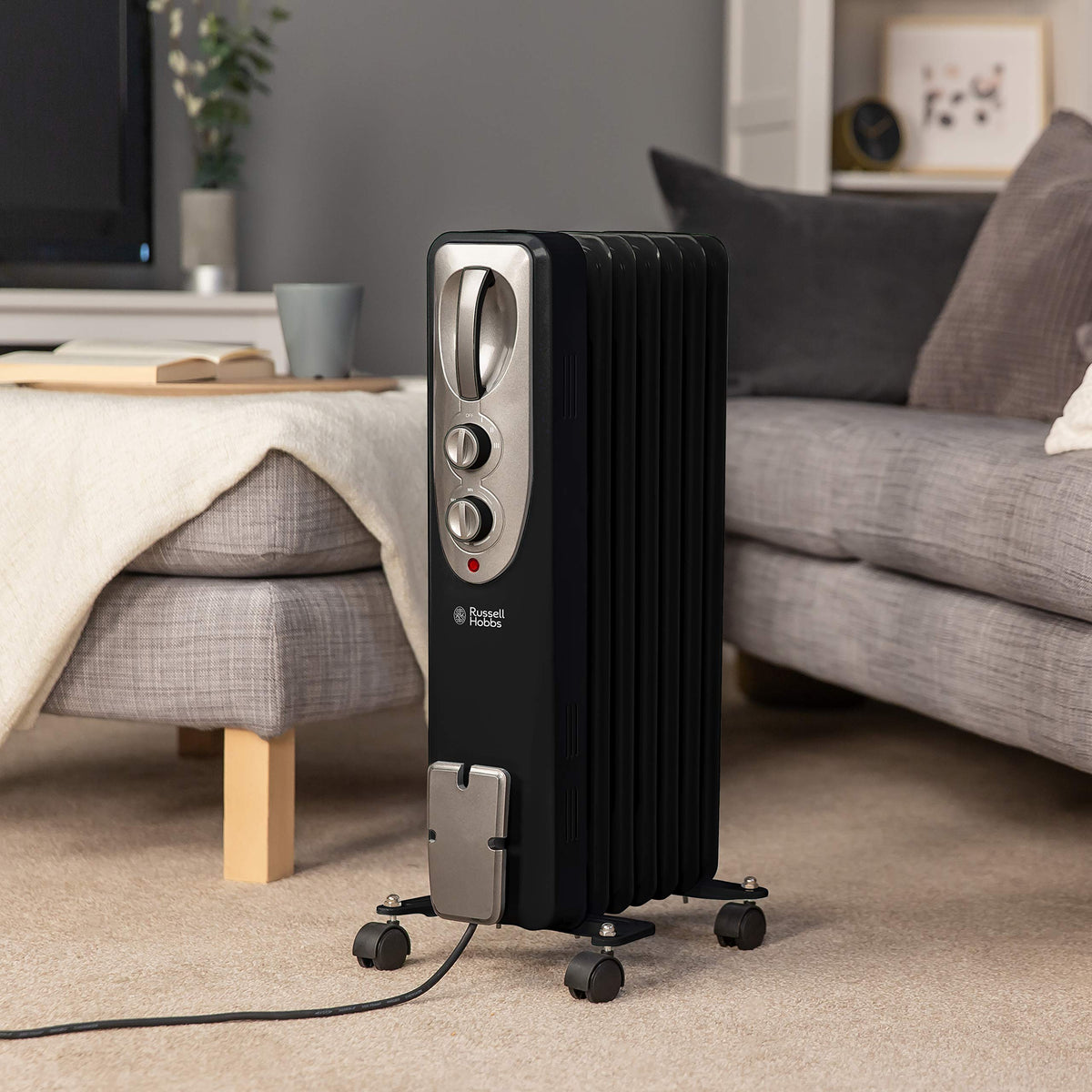 Russell Hobbs 2000W/2KW Oil Filled Radiator, 9 Fin Portable Electric Heater - White, Adjustable Thermostat with 3 Heat Settings, Safety Cut-off, 20 m sq Room Size, RHOFR5002, 2 Year Guarantee