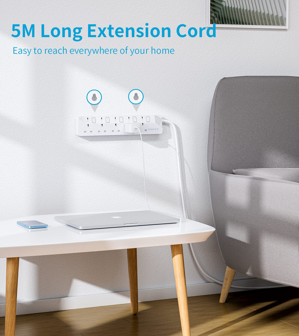PIBEEX Extension Lead 2 Way Plug Sockets with Individual Switches Wall Mountable Power Strip 3M Extension Cable 13A Fused UK Plug 3250W