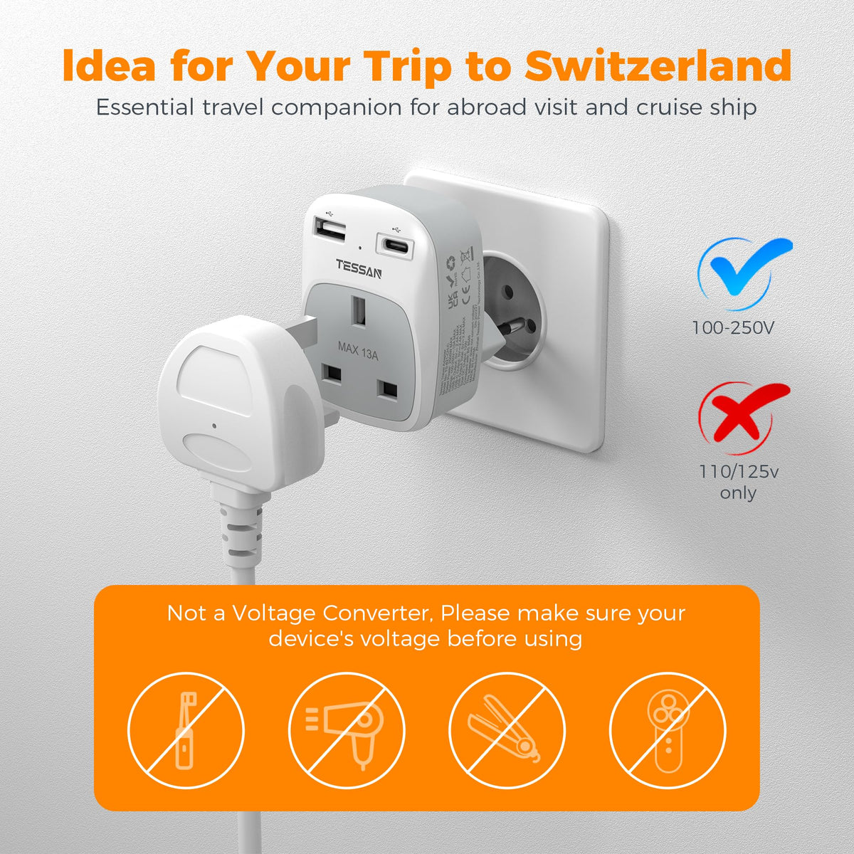 TESSAN UK to US Plug Adaptor 2 Pack, Type B USA Travel Adapter with USB C