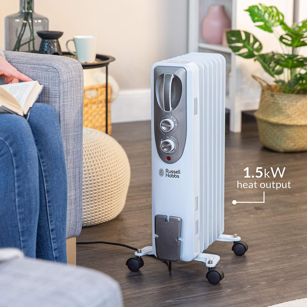 Russell Hobbs 2000W/2KW Oil Filled Radiator, 9 Fin Portable Electric Heater - White, Adjustable Thermostat with 3 Heat Settings, Safety Cut-off, 20 m sq Room Size, RHOFR5002, 2 Year Guarantee