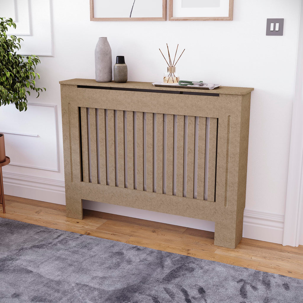 Vida Designs Chelsea Radiator Cover White - Medium - Modern Vertical Slat Design For Optimal Heat Circulation - H82xW111xD19cm - Painted MDF Cabinet Ideal For Living Room & Hallway