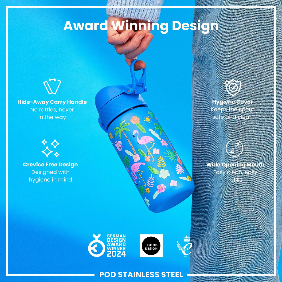 ION8 Lightweight Steel Kids Water Bottle, 400ml/13oz, Purple Unicorns